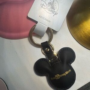 Disney Parks Black Mickey Mouse Silhouette Leather-feel Keychain with Gold Logo